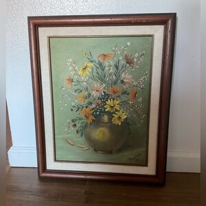 Vintage Original Signed Floral Art Oil on Canvas with Brown Frame 22L” x 18.5” W